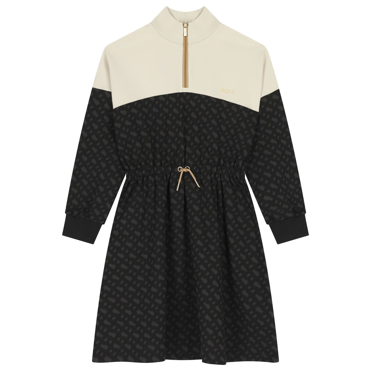 فستان بنات بالشعار باللون العاجى والاسود , 1, hi-res