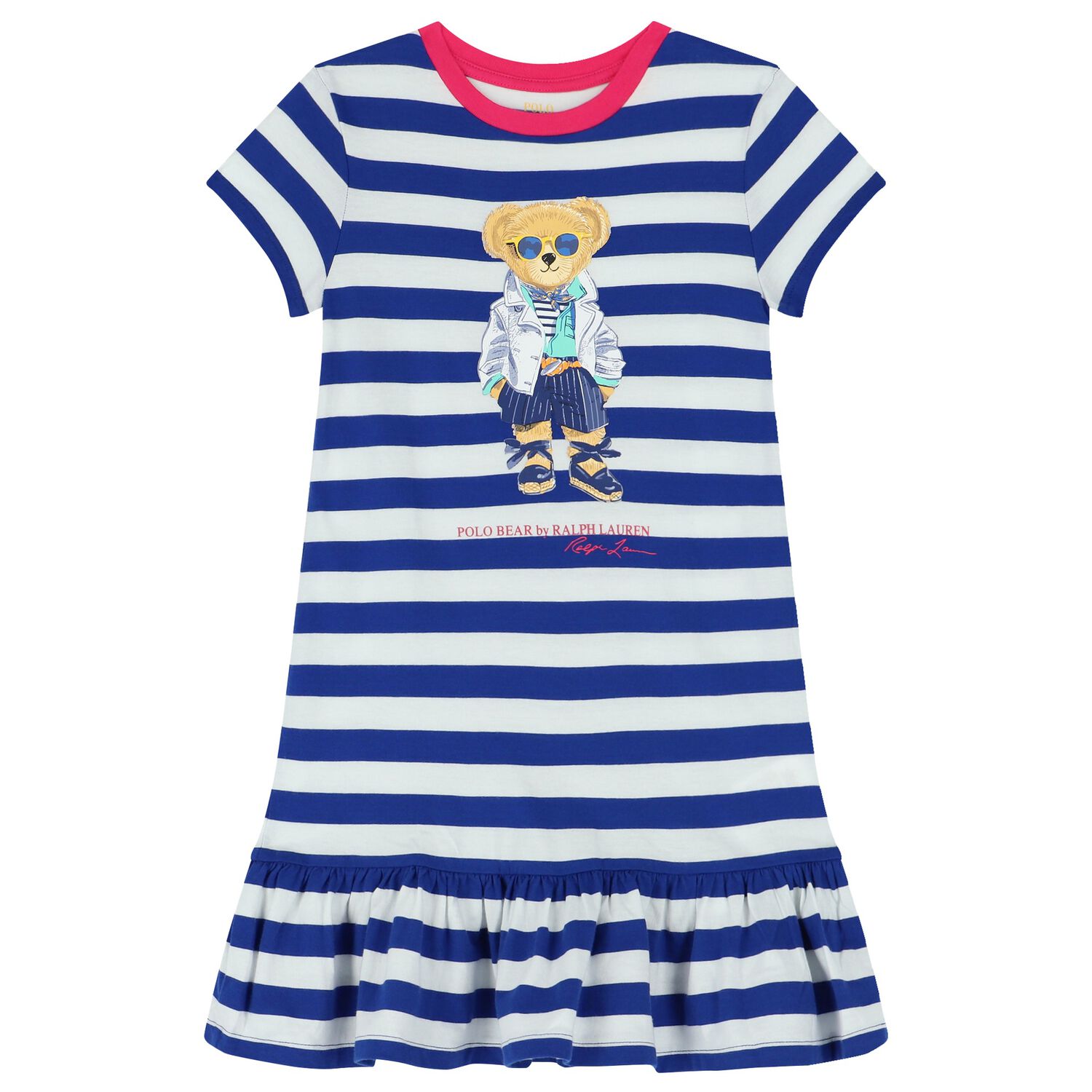 Girls White & Blue Striped Polo Bear Dress, 1, hi-res