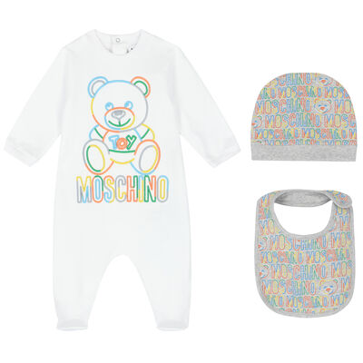 White Teddy Logo Babygrow, Hat & Bib Gift Set