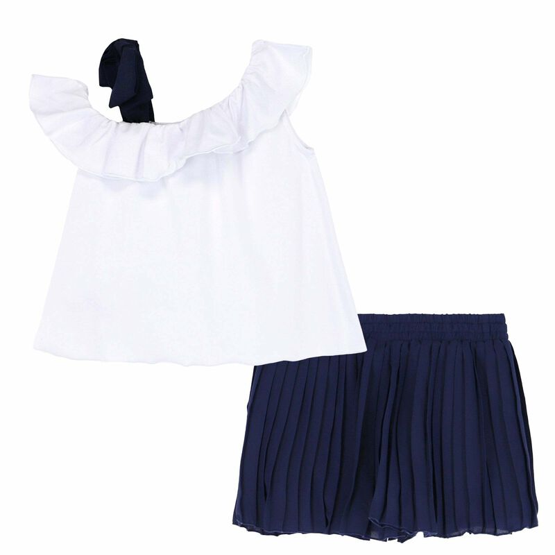 Girls White & Navy Blue Top & Shorts, 1, hi-res image number null