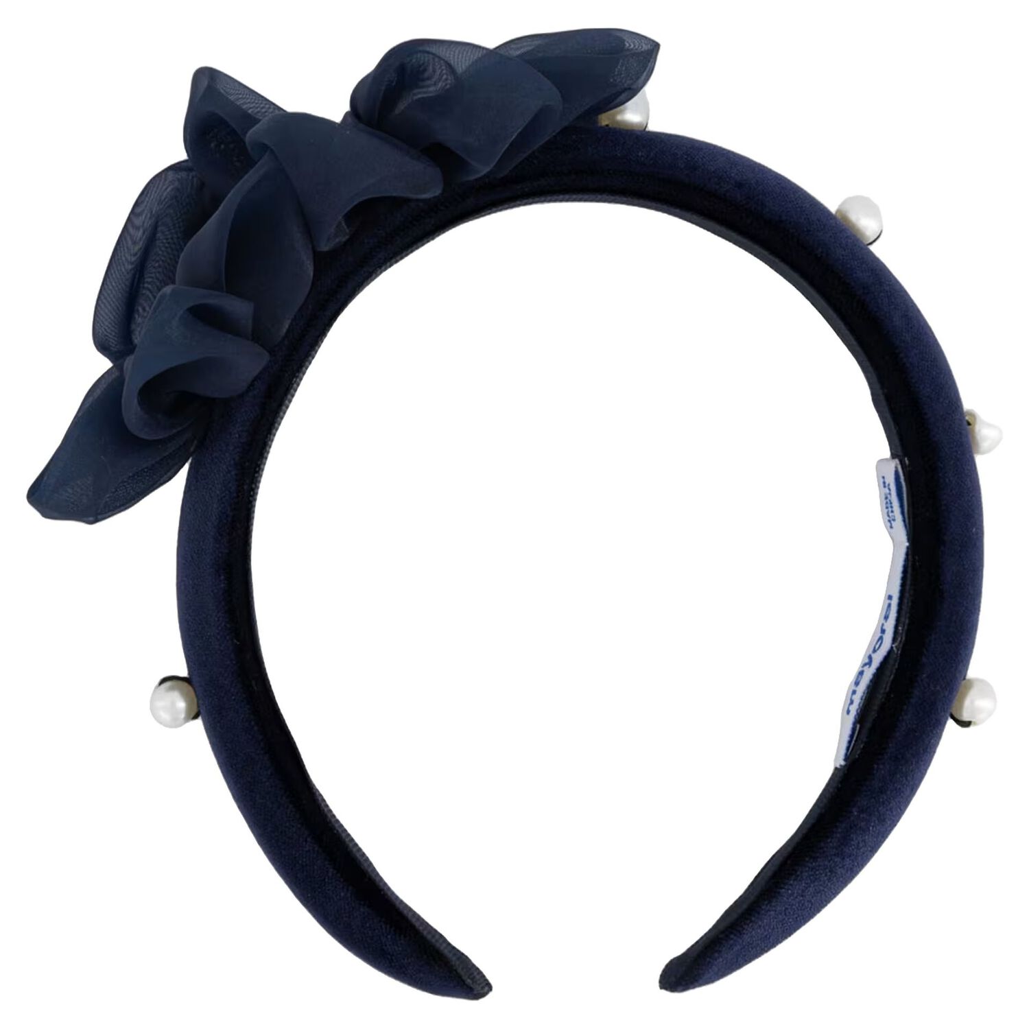 Girls Navy Blue Pearl Velvet Headband, 3, hi-res
