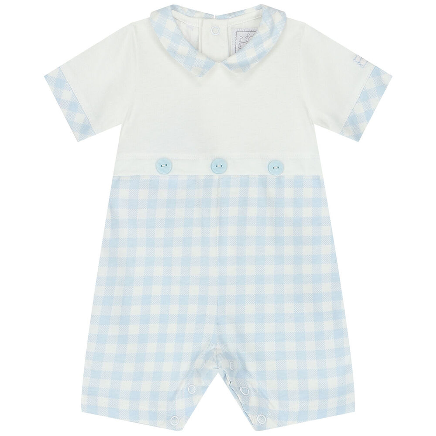 Baby Boys White & Blue Check Romper, 1, hi-res