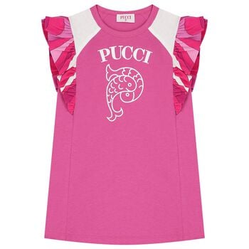 Girls Pink & White Logo Ruffled Dress
