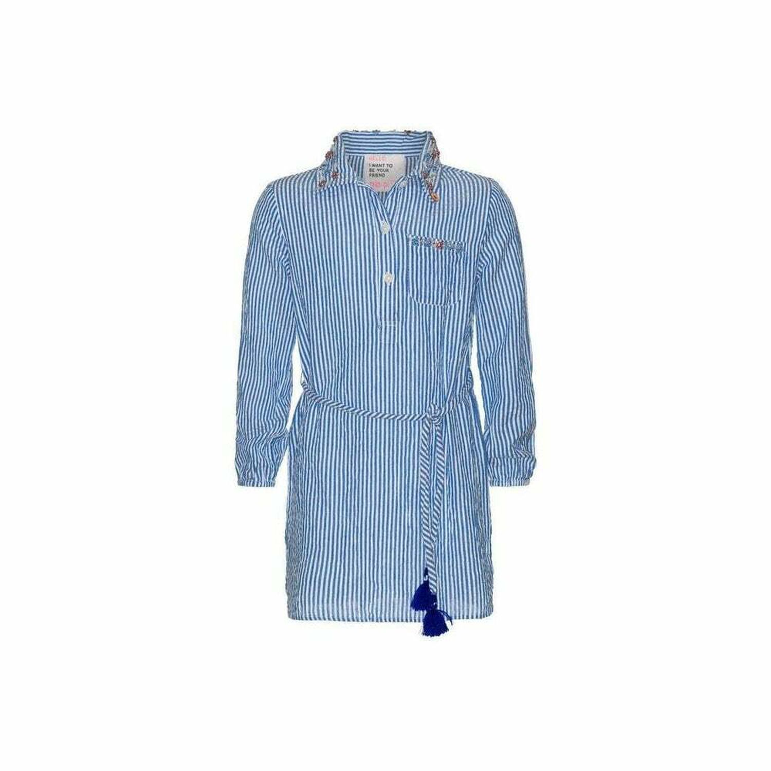 Girls Blue Striped Long Sleeved Dress, 1, hi-res