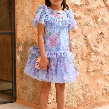 فستان بنات من التول بفيونكه باللون الذهبي 