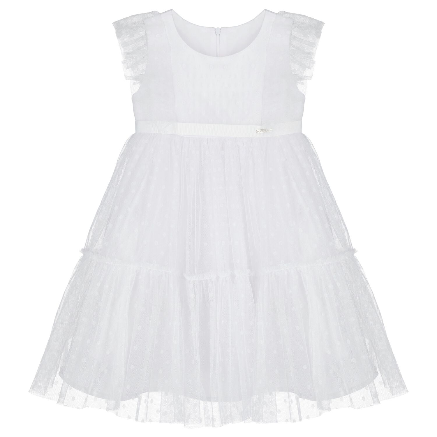 Girls White Polka Dot Tulle Tiered Dress, 1, hi-res