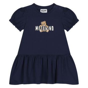 Younger Girls Navy Blue Teddy Bear Logo Dress