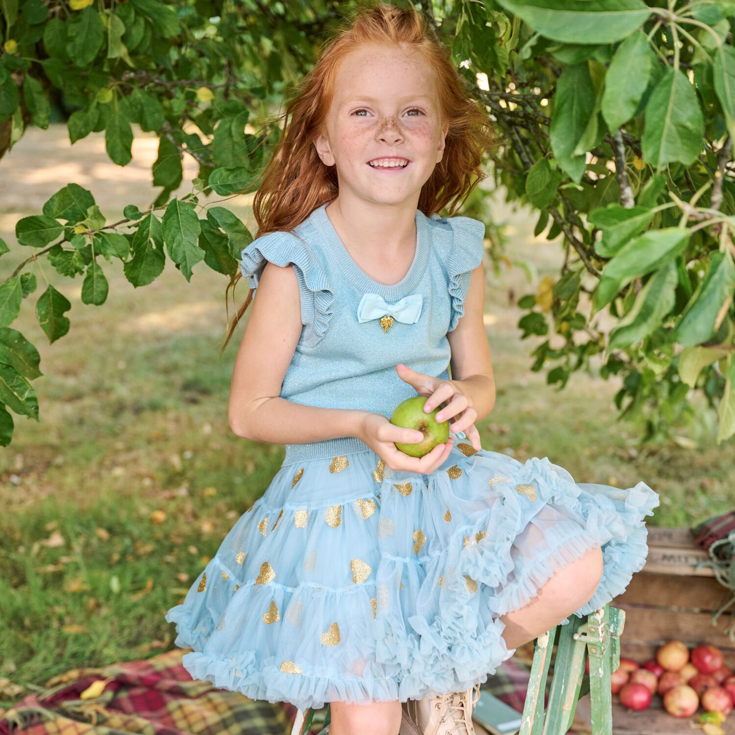 Girls Blue & Gold Hearts Tulle Skirt, 1, hi-res