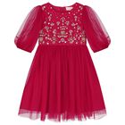 Girls Red Embellished Tulle Dress, 1, hi-res