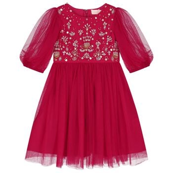 Girls Red Embellished Tulle Dress