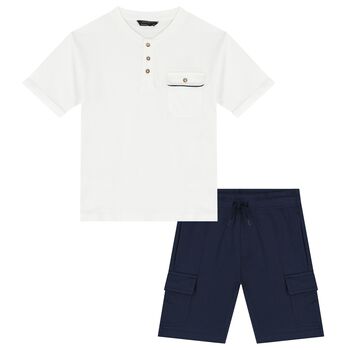 Boys White & Navy Blue Shorts Set