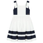 Girls White & Navy Blue Bow Dress, 1, hi-res