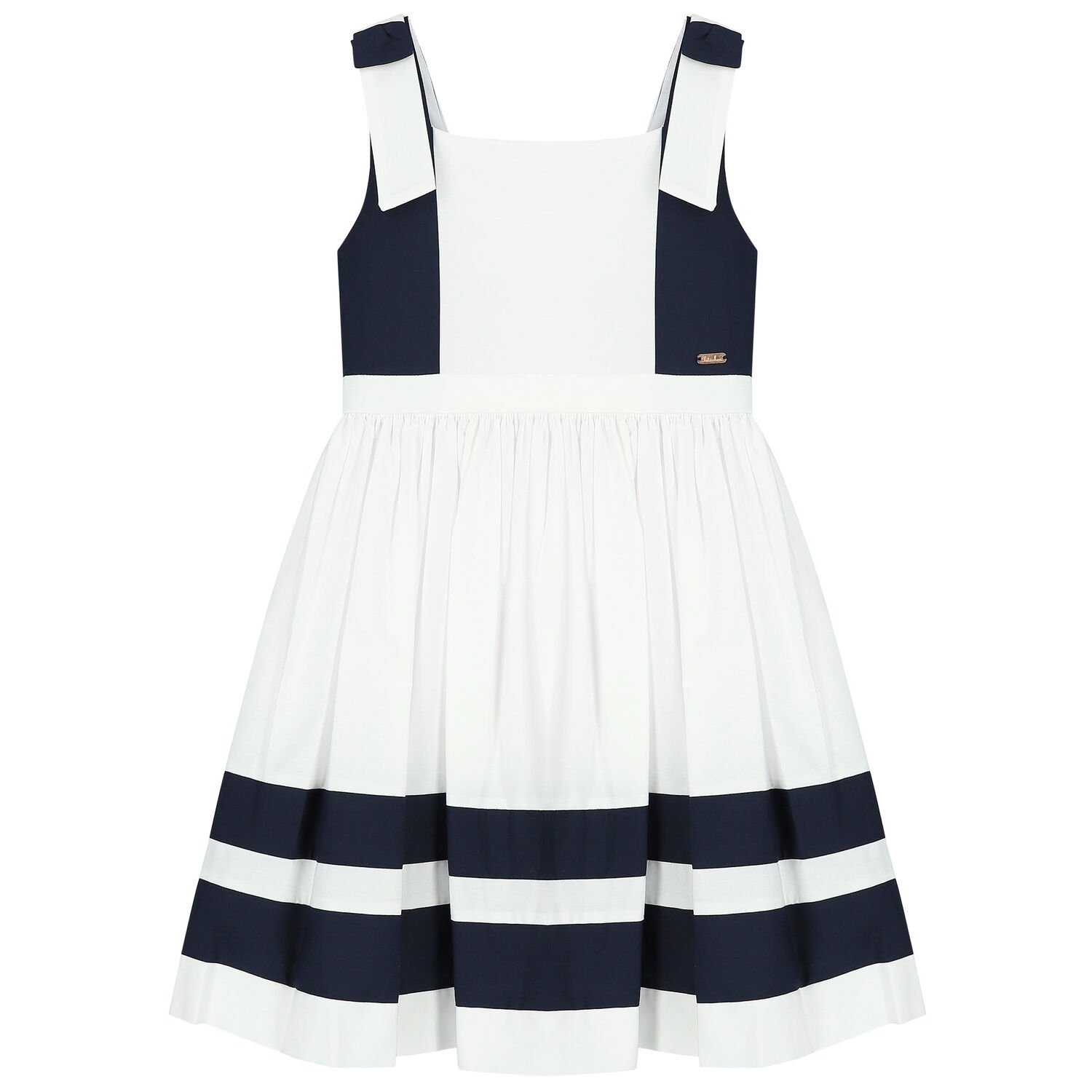 Girls White & Navy Blue Bow Dress, 1, hi-res