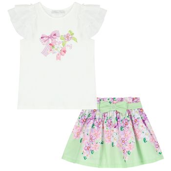 Girls White & Green Floral Skirt Set