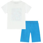 Younger Boys White & Blue Logo Shorts Set, 1, hi-res