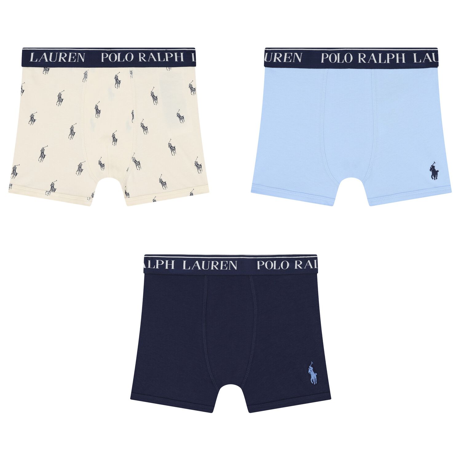 Boys Ivory, Blue & Navy Blue Logo Boxer Shorts ( 3-Pack ), 2, hi-res