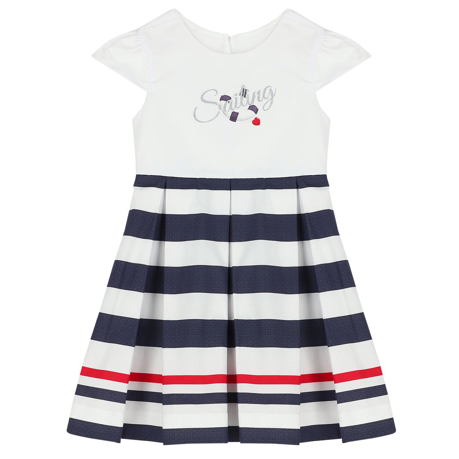 Girls White & Navy Blue Striped Dress, 1, hi-res image number null