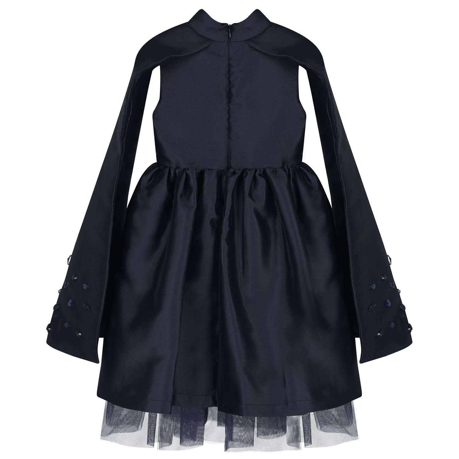Girls Navy Blue Crystal Cape Sleeve Dress, 1, hi-res