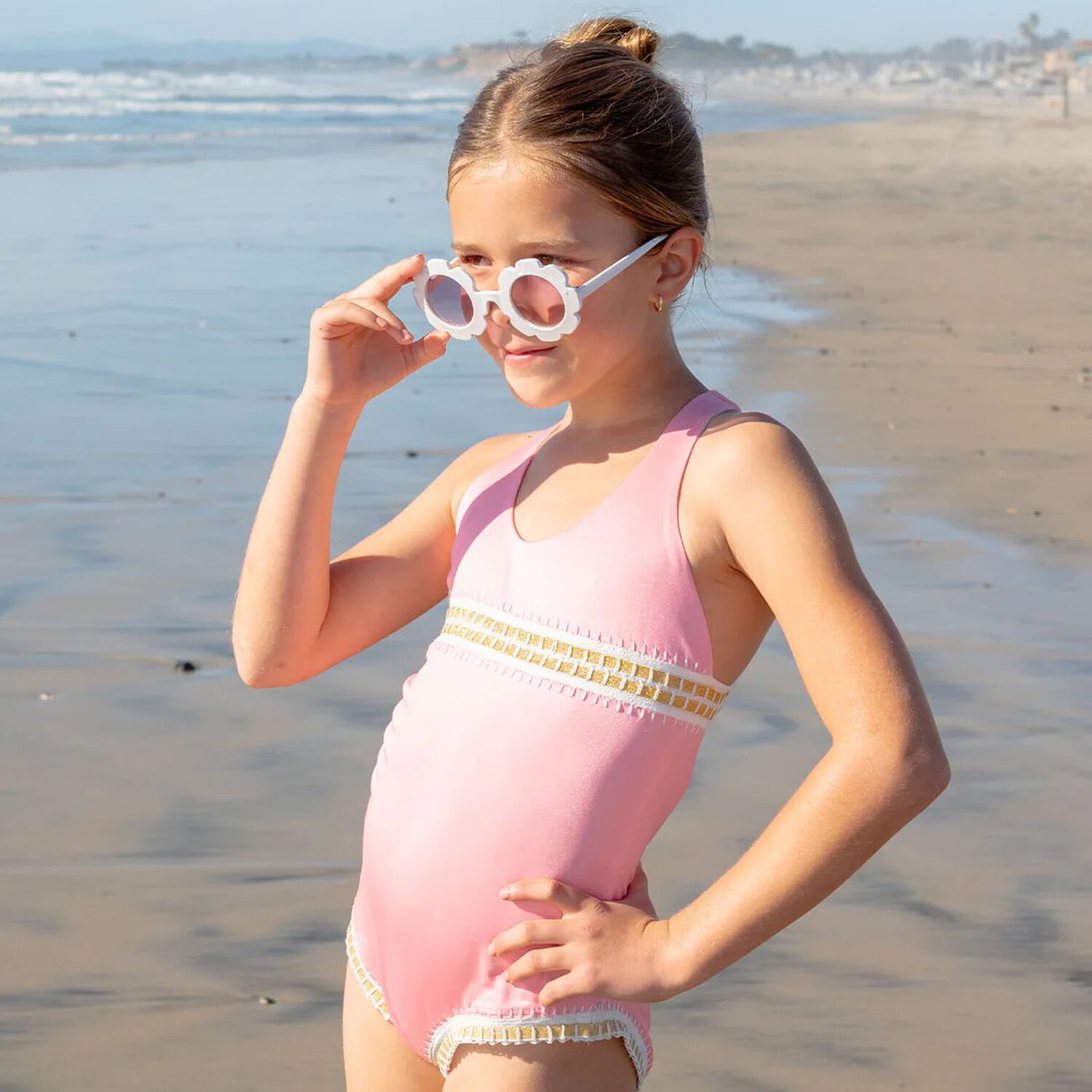 Girls Pink Embroidered Swimsuit, 1, hi-res