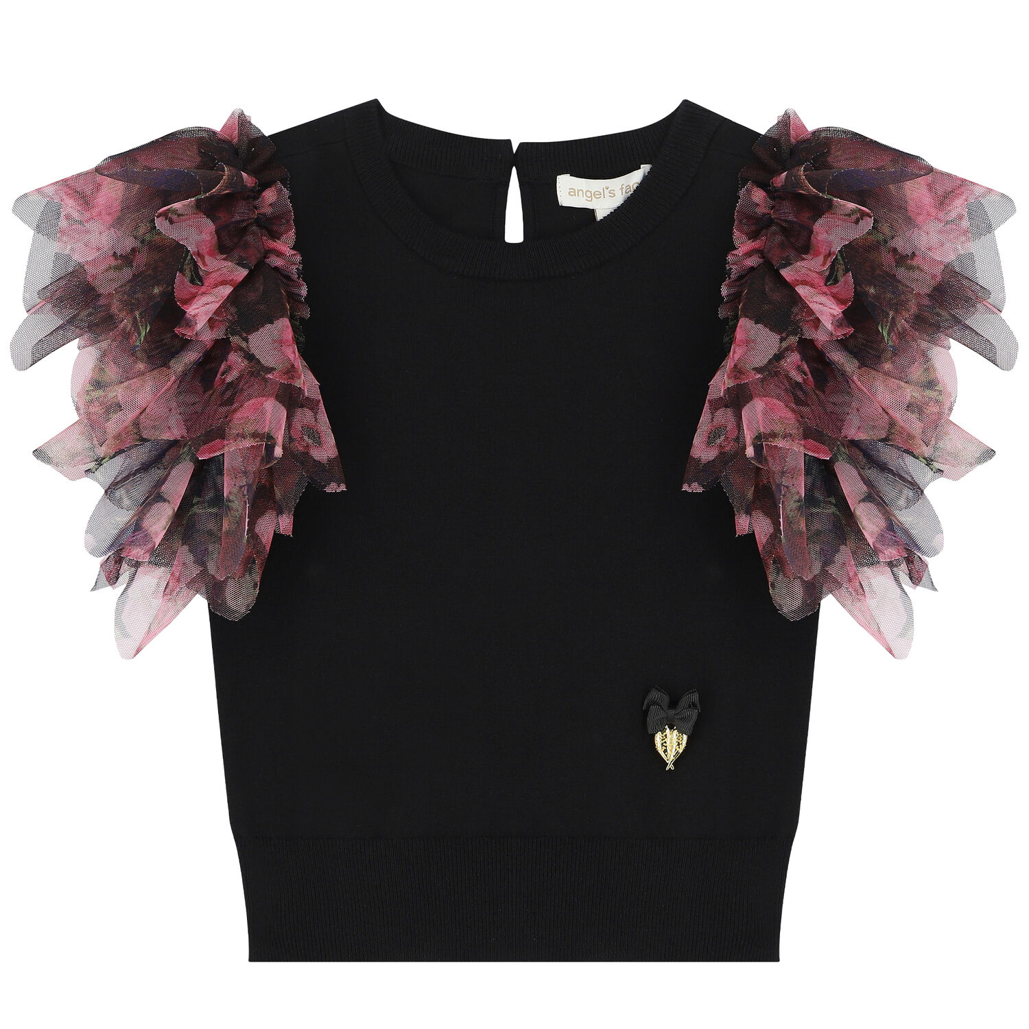 Girls Black Tulle Knitted Top, 2, hi-res