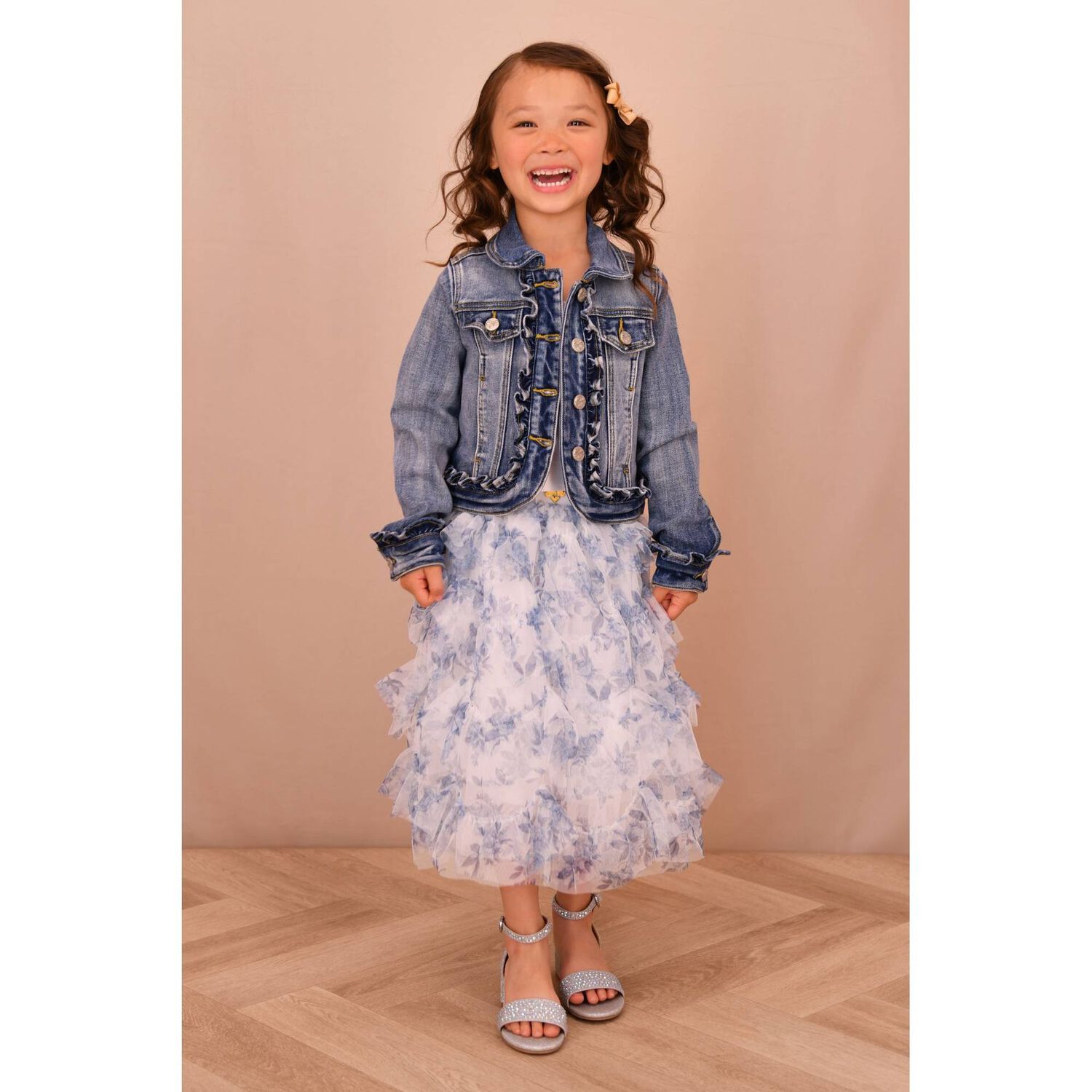 Girls Blue Floral Tulle Skirt, 1, hi-res
