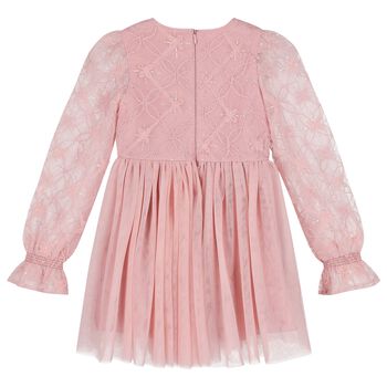 Girls Pink Petal Embroidered Tulle Dress