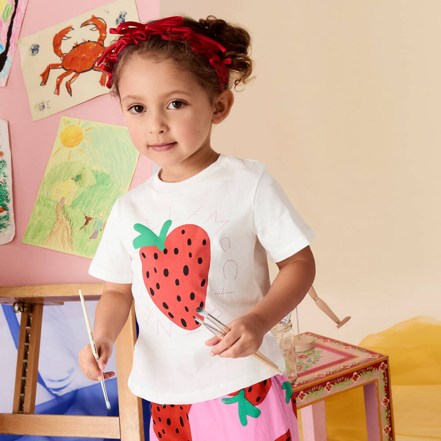 Girls Ivory Logo Strawberry T-Shirt, 1, hi-res