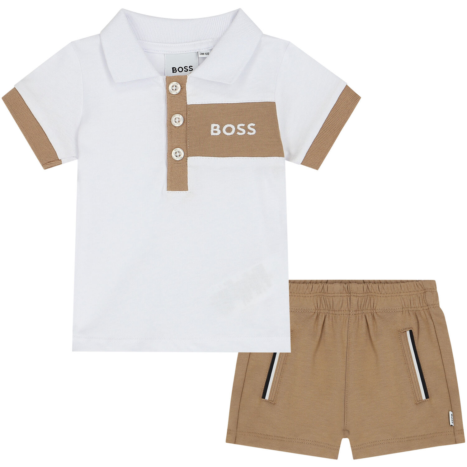 Baby Boys White & Beige Logo Polo Shorts Set, 2, hi-res