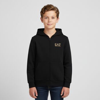 Boys Black Logo Hooded Zip Up Top