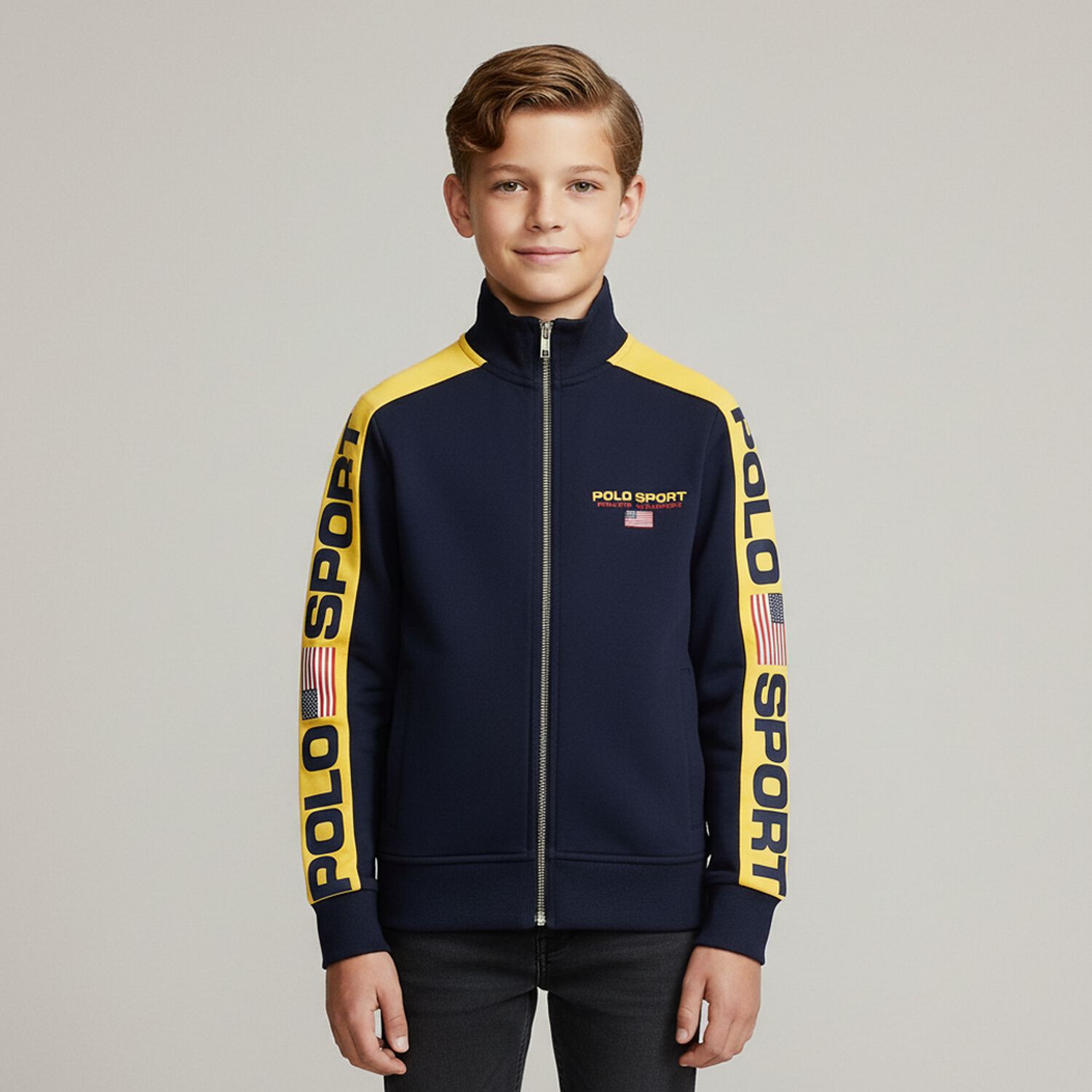 Boys Navy Logo Zip Up Top, 1, hi-res image number null