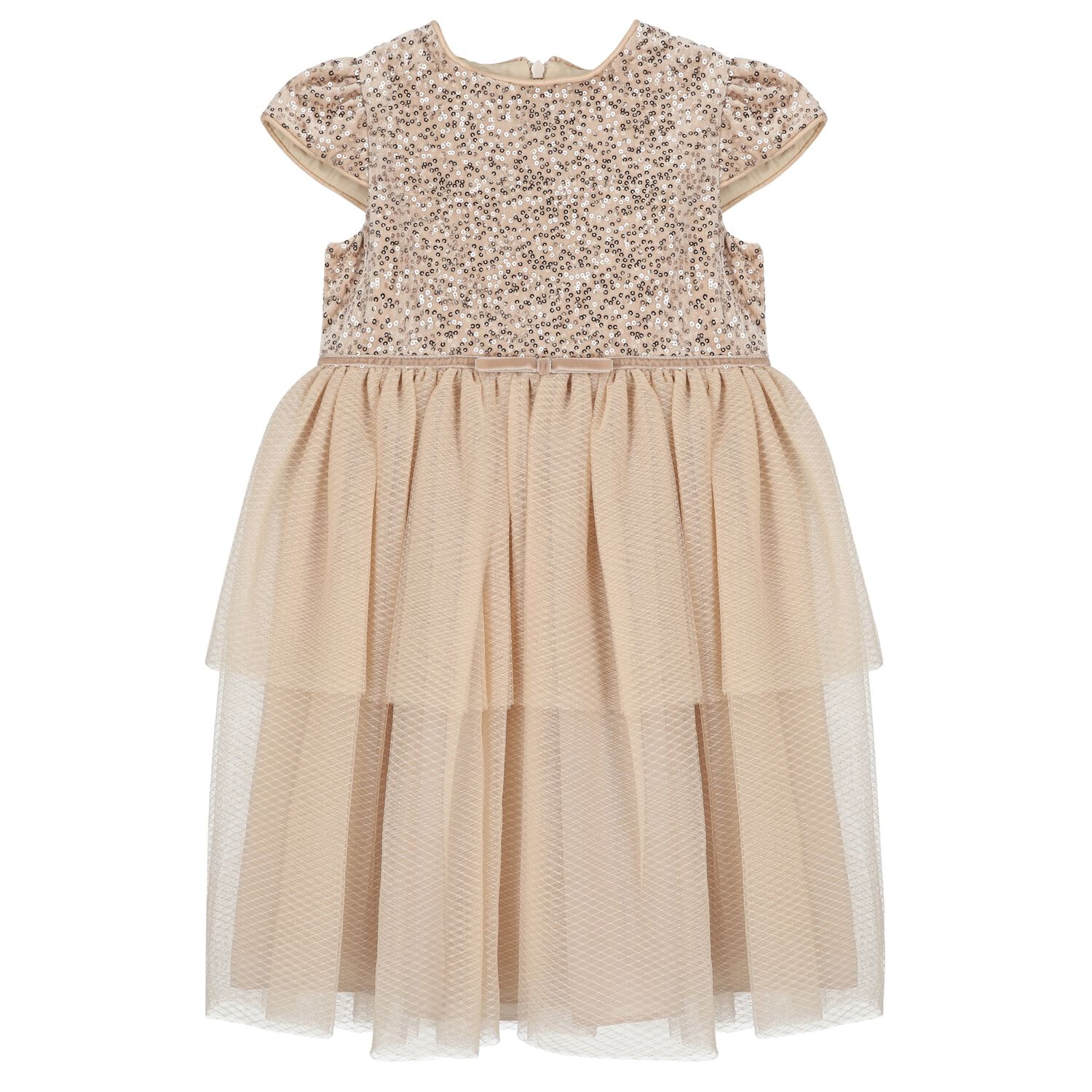 Girls Beige Sequin & Tulle Dress, 1, hi-res
