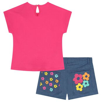 Girls Pink & Denim Logo Shorts Set