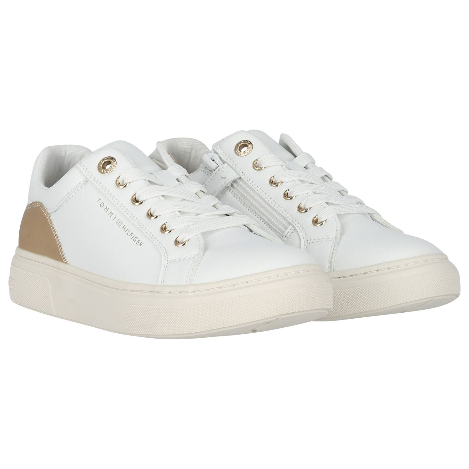 Girls White & Gold Logo Trainers, 1, hi-res