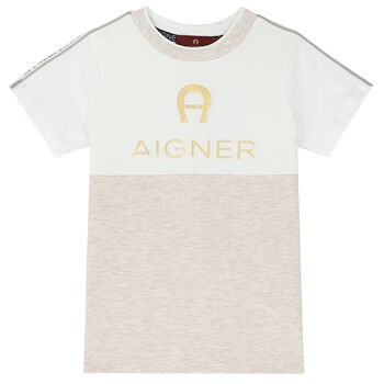 Boys White & Beige Logo T-Shirt