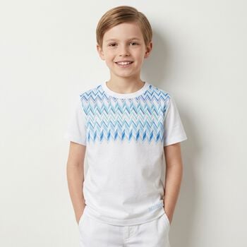 Younger Boys White & Blue Zig Zag T-Shirt