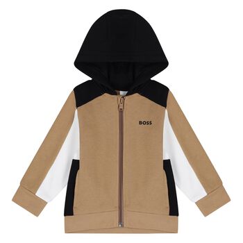 Younger Boys Beige, White & Black Hooded Zip Up Top
