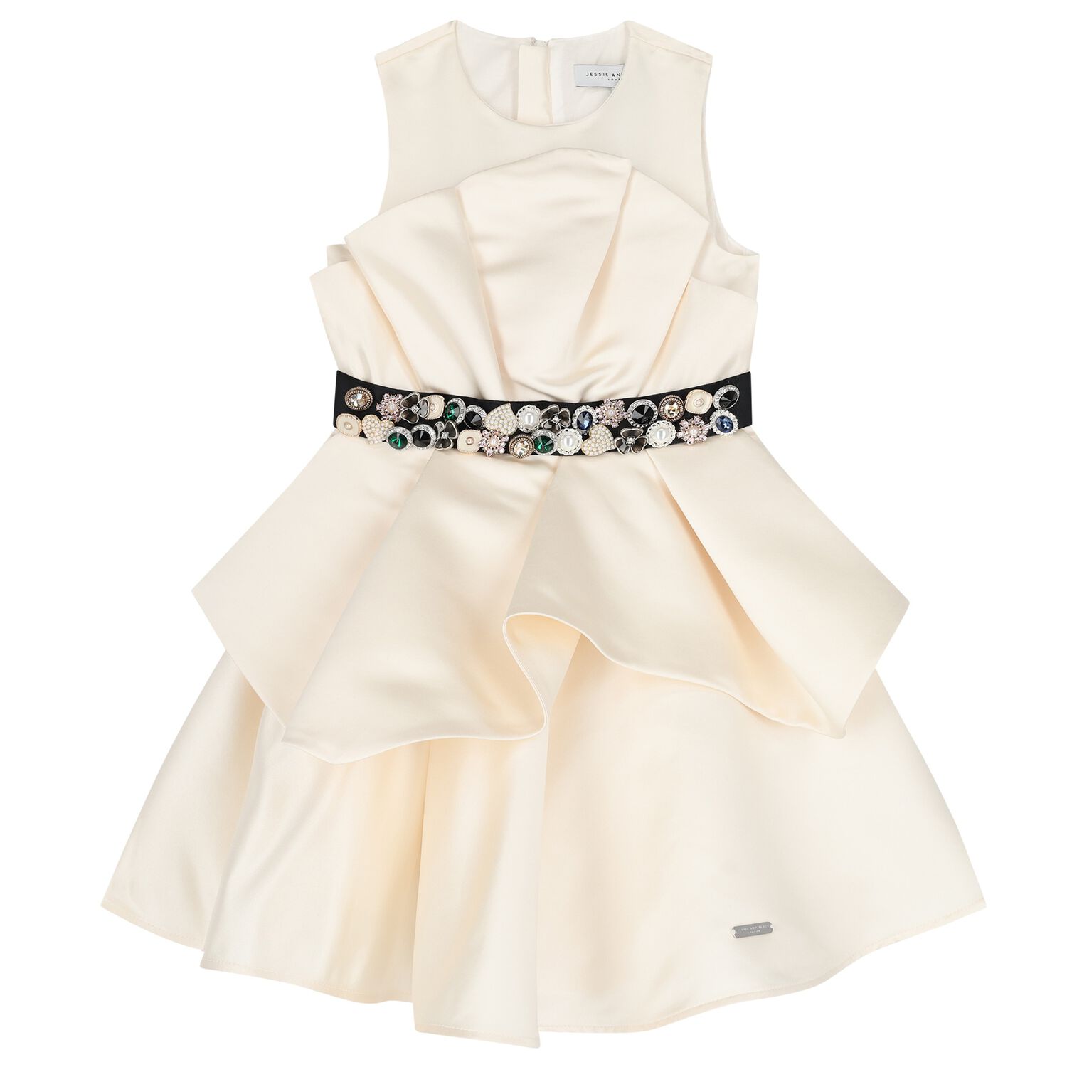 Girls Ivory Crystal Satin Ruffle Dress, 2, hi-res