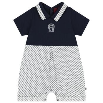 Baby Boys Navy Blue & White Logo Romper