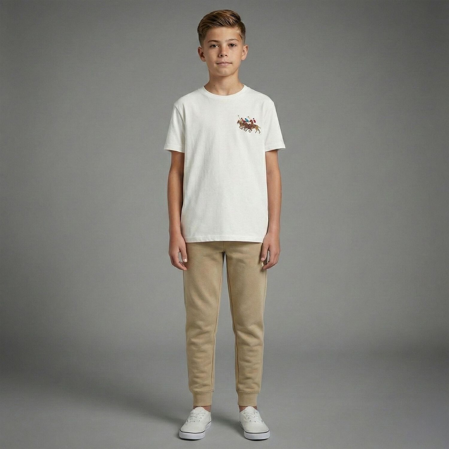 بنطلون رياضي للأولاد بشعار باللون البيج , 1, hi-res