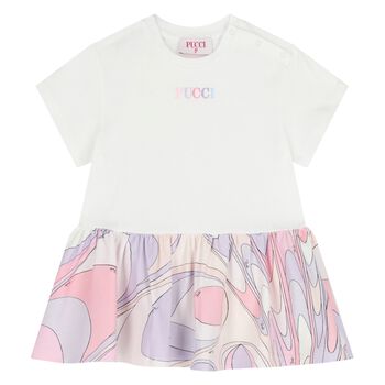 Younger Girls White & Pink Logo Dress