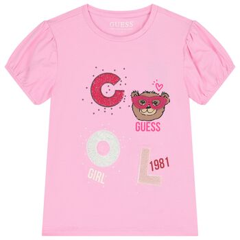 Girls Pink Teddy Bear Logo T-Shirt