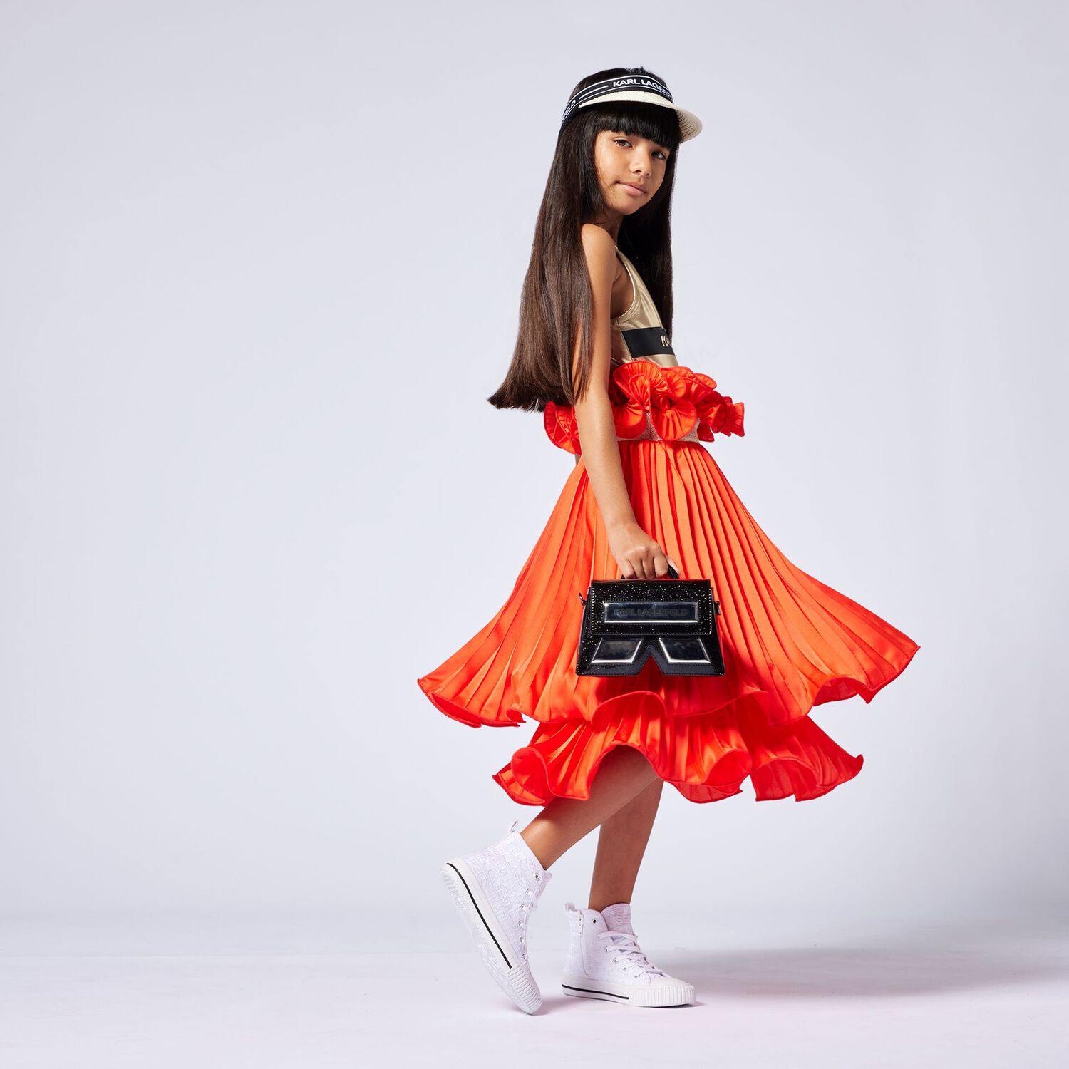 Girls Orange Logo Ruffled Skirt, 2, hi-res image number null