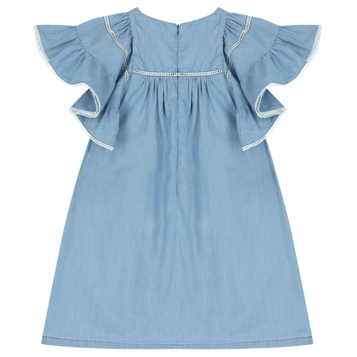 Girls Denim Blue Ruffled Dress, 1, hi-res