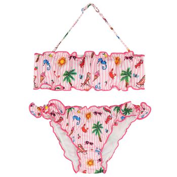 Girls White & Pink Striped Bikini