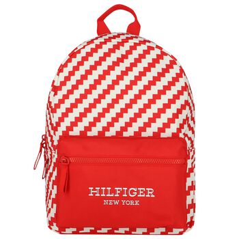 Red & Ivory Striped Logo Backpack