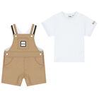Baby Boys White & Beige Dungaree Set, 1, hi-res