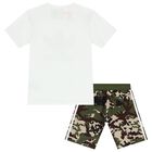 White & Green Trefoil Logo Shorts Set, 1, hi-res