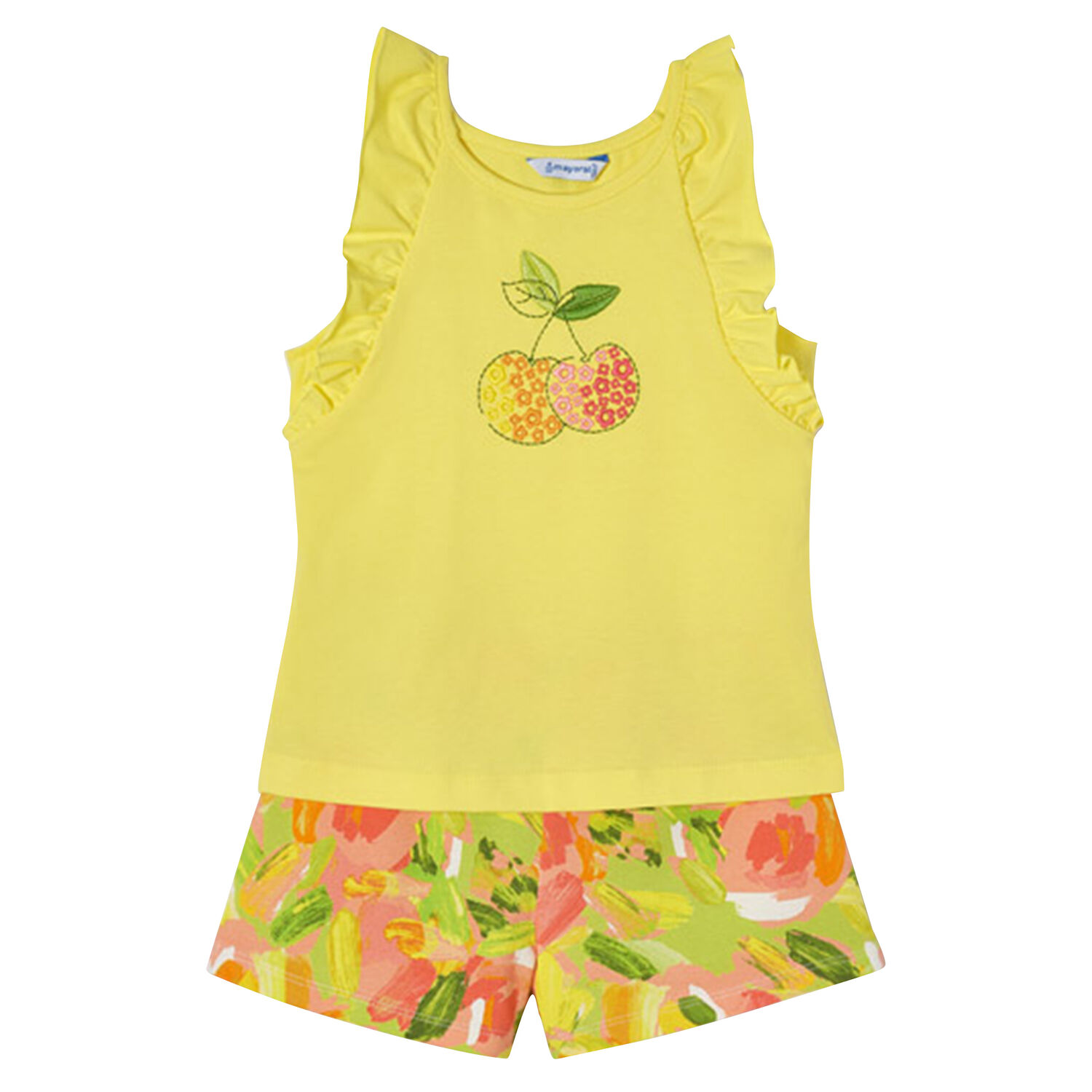 طقم شورت مطرز باللون الأصفر للبنات, 1, hi-res