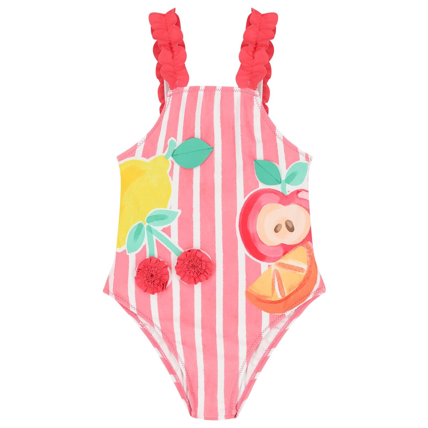 Younger Girls Red Striped Swimsuit, 2, hi-res