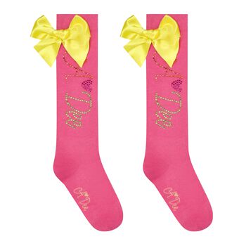Girls Pink & Yellow Satin Bow Socks